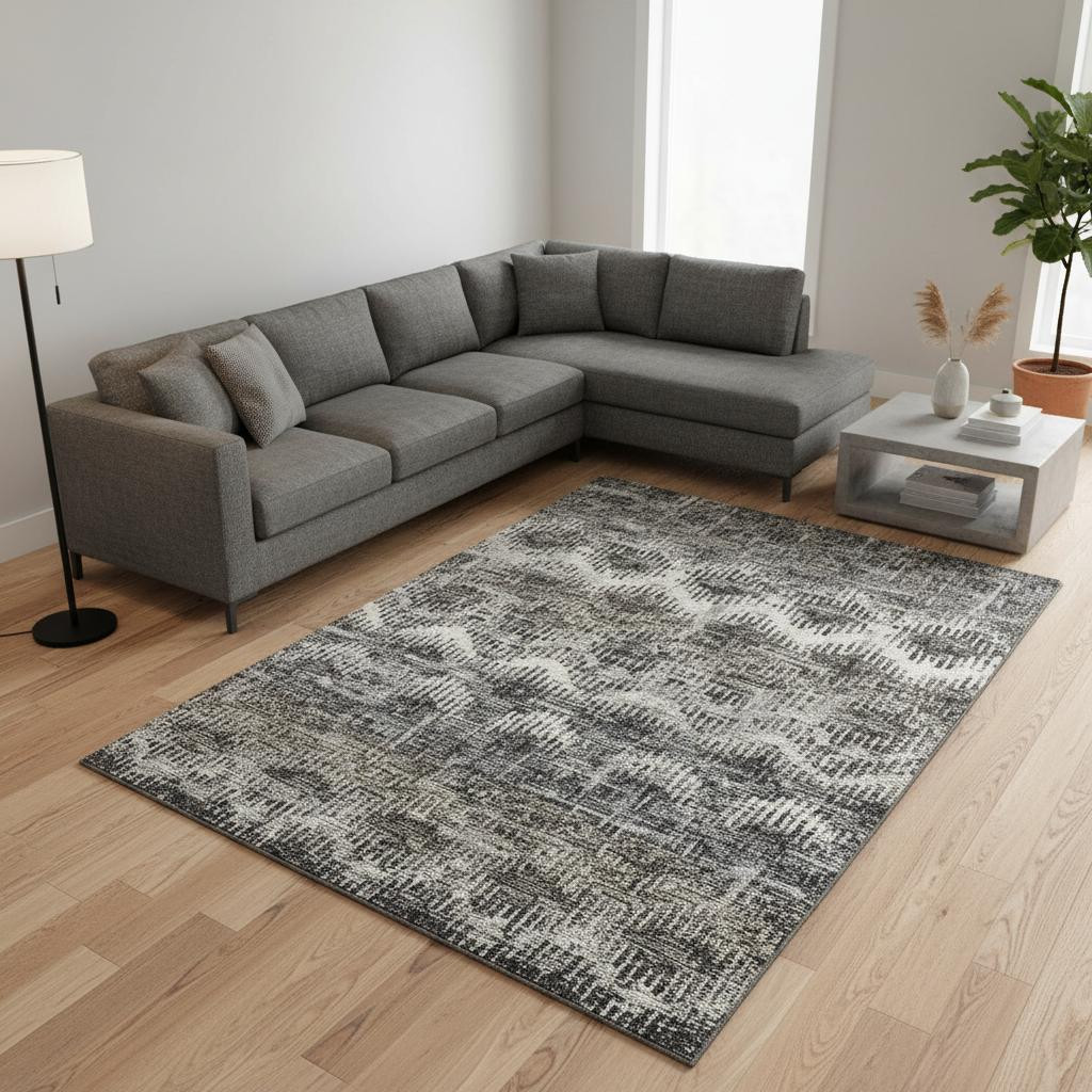 644168 10 x 14 ft. Graphite Ivory & Beige Abstract Washable Machine Made Rectangle Area Rug with UV Protection