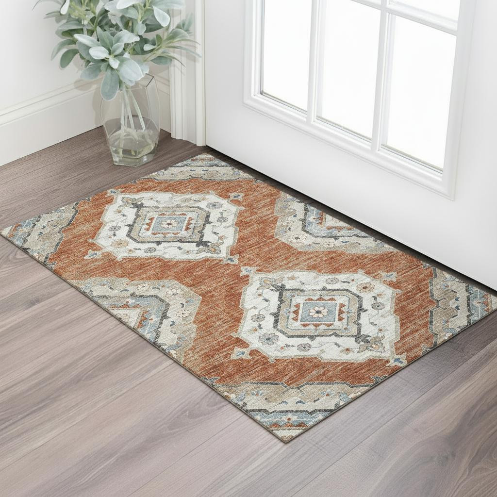 644181 3 x 5 ft. Terra Cotta Ivory & Blue Tribal Washable Machine Made Rectangle Area Rug with UV Protection