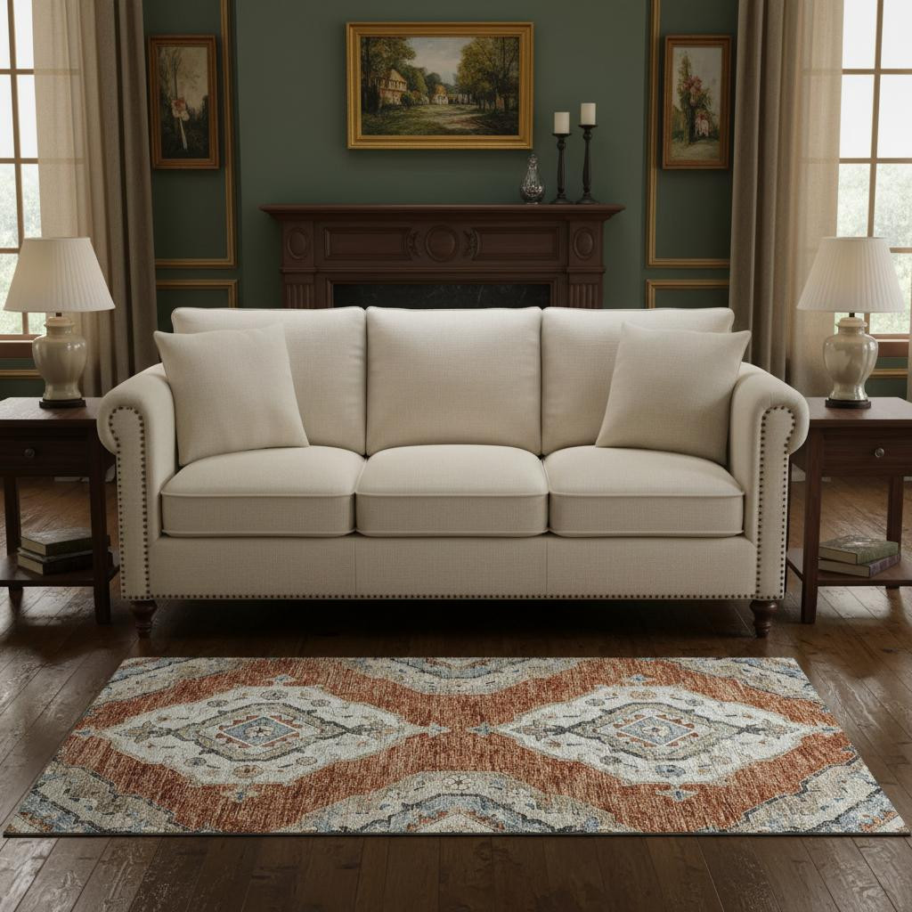 644182 5 x 8 ft. Terra Cotta Ivory & Blue Tribal Washable Machine Made Rectangle Area Rug with UV Protection