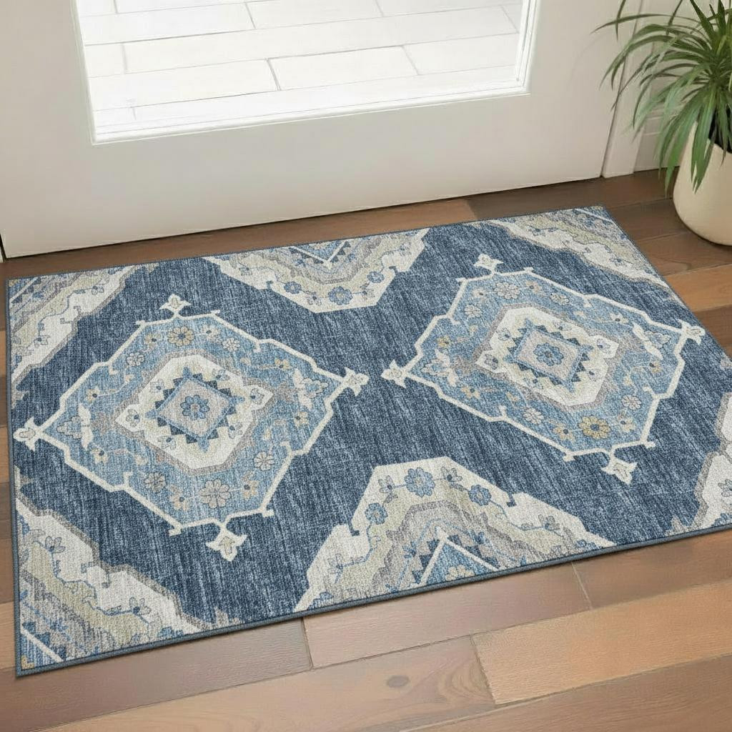 644193 3 x 5 ft. Blue & Ivory Tribal Traditional Washable Machine Made Rectangle Area Rug with UV Protection