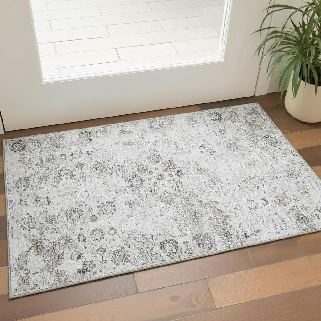 644199 3 x 5 ft. Light Gray & Charcoal Floral Medallion Washable Machine Made Rectangle Area Rug with UV Protection
