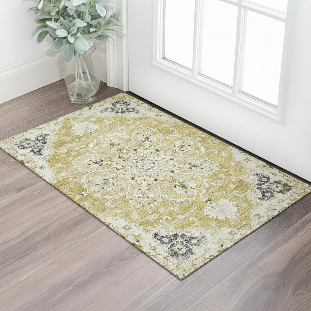 644533 3 x 5 ft. Gold Ivory & Blue Floral Medallion Washable Machine Made Rectangle Area Rug with UV Protection
