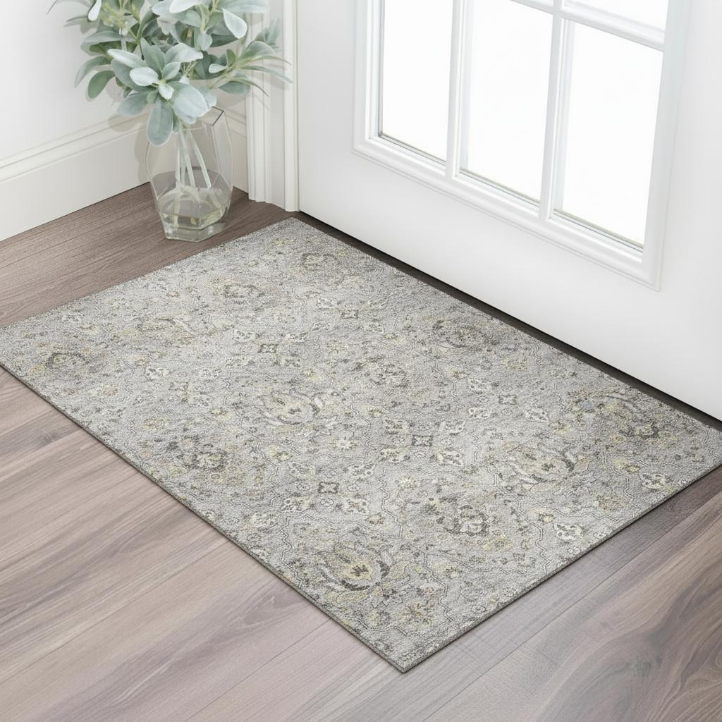 644551 3 x 5 ft. Ash Gray Brown & Ivory Floral Medallion Washable Machine Made Rectangle Area Rug with UV Protection