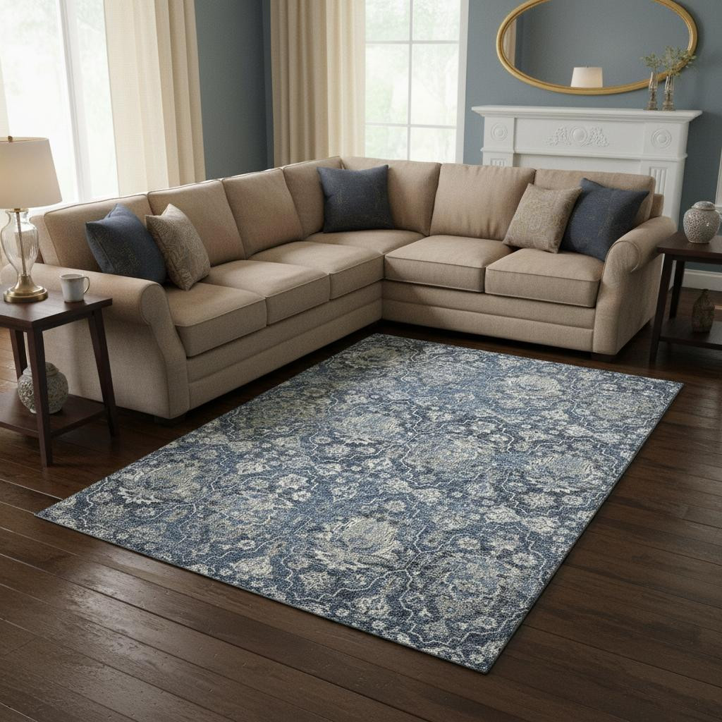 644566 8 x 10 ft. Blue & Ivory Floral Medallion Washable Machine Made Rectangle Area Rug with UV Protection