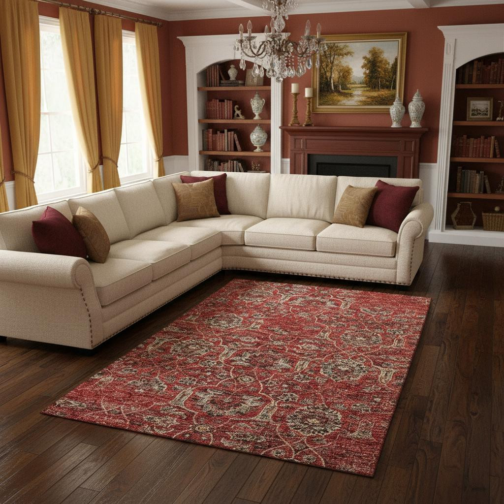 644590 8 x 10 ft. Red & Beige Floral Medallion Washable Machine Made Rectangle Area Rug with UV Protection