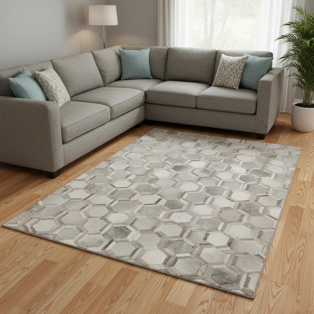 644632 8 x 10 ft. Gray, Ivory & Beige Geometric Lodge Washable Machine Made Rectangle Area Rug with UV Protection