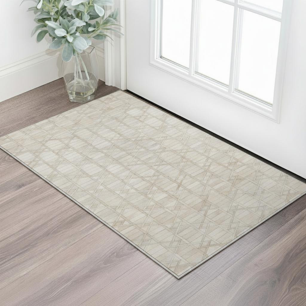 644659 3 x 5 ft. Ivory & Beige Geometric Lodge Washable Machine Made Rectangle Area Rug with UV Protection
