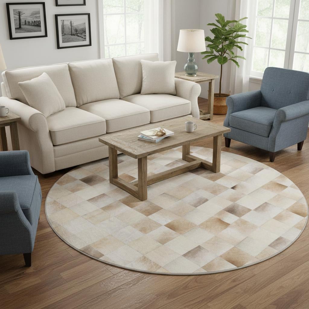 644721 8 ft. Taupe, Ivory & Beige Patchwork Washable Round Area Rug with UV Protection