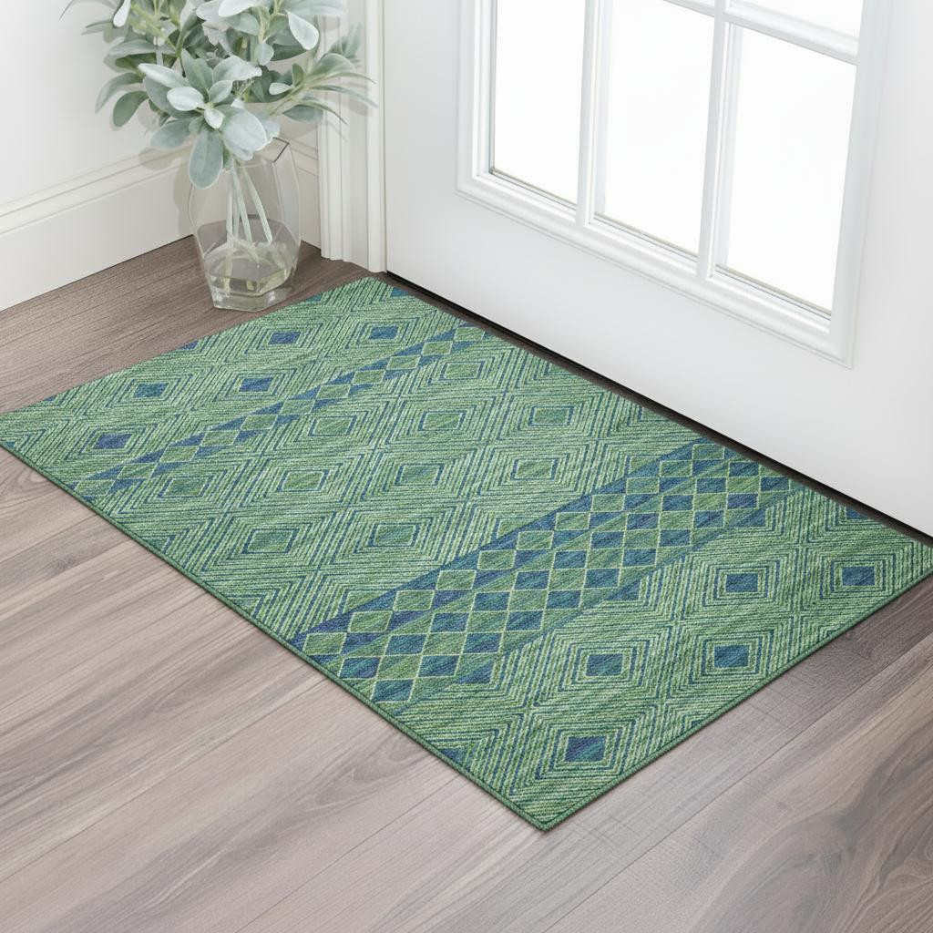 644761 3 x 5 ft. Green & Navy Blue Geometric Washable Machine Made Rectangle Area Rug with UV Protection