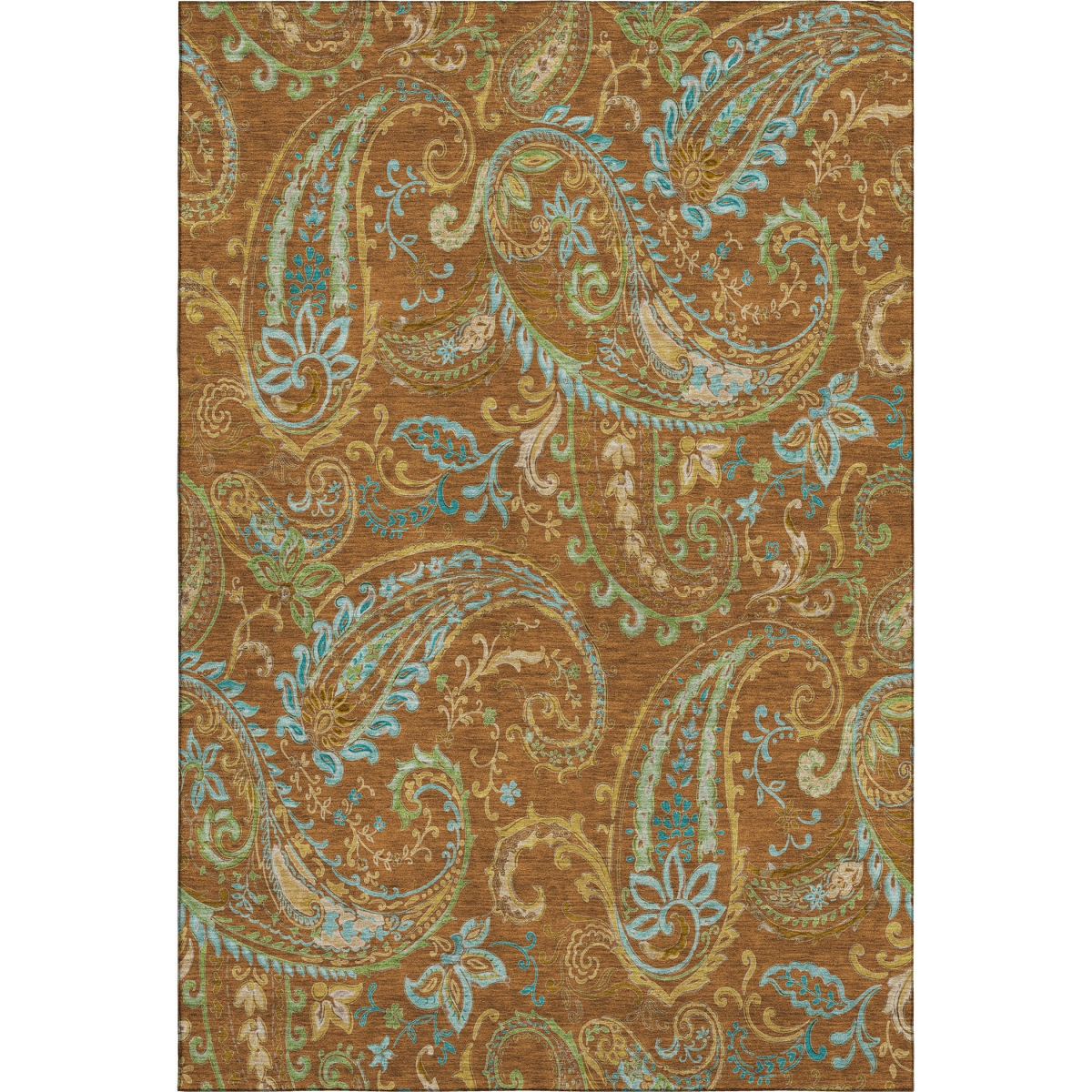 647988 5 x 8 ft. Rust Blue & Green Paisley Washable Machine Made Rectangle Area Rug with UV Protection