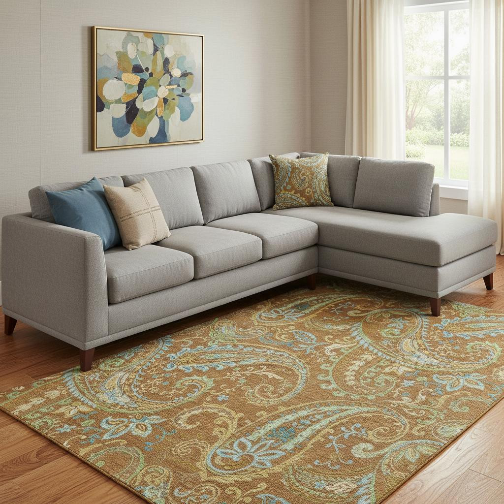647992 10 x 14 ft. Rust Blue & Green Paisley Washable Machine Made Rectangle Area Rug with UV Protection