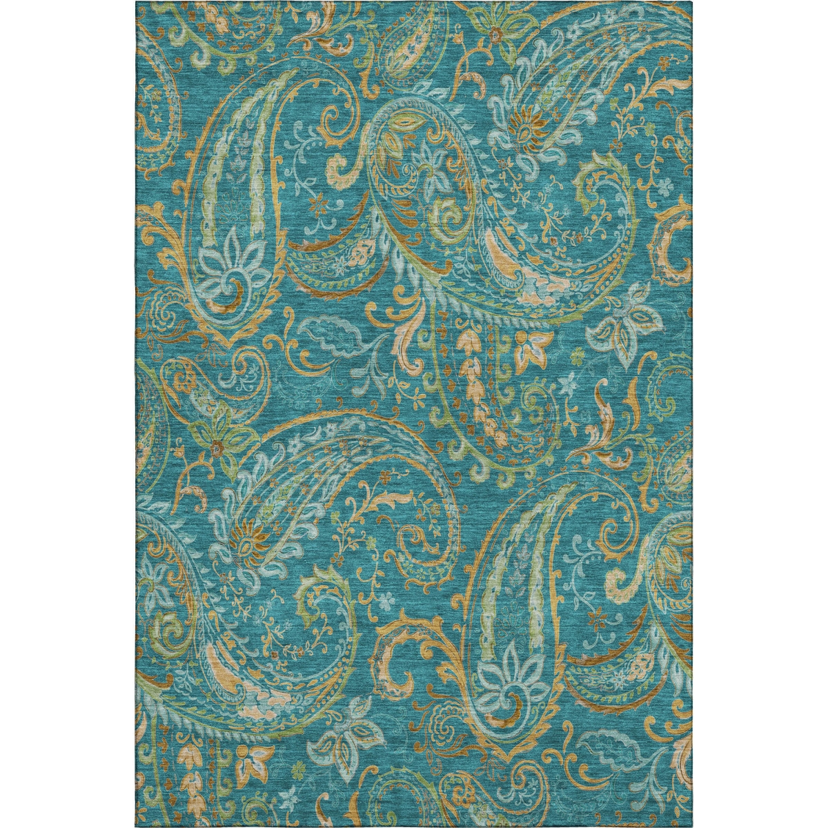 648008 8 x 10 ft. Teal, Green & Gold Paisley Washable Machine Made Rectangle Area Rug with UV Protection