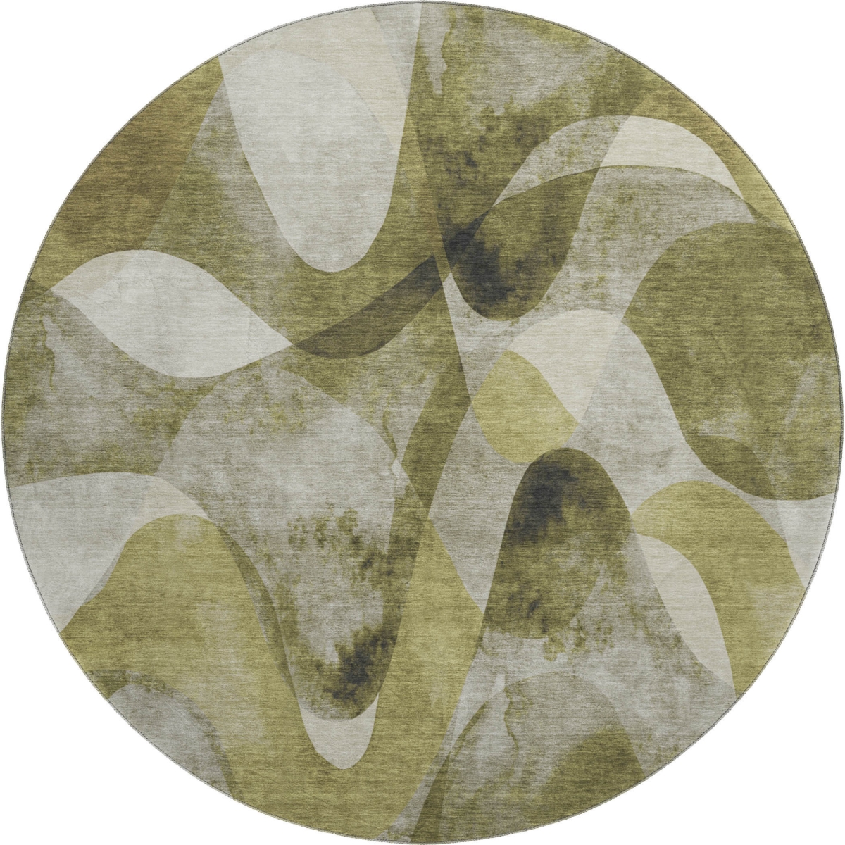 648091 8 ft. Olive Green, Gray & Ivory Abstract Washable Round Area Rug with UV Protection