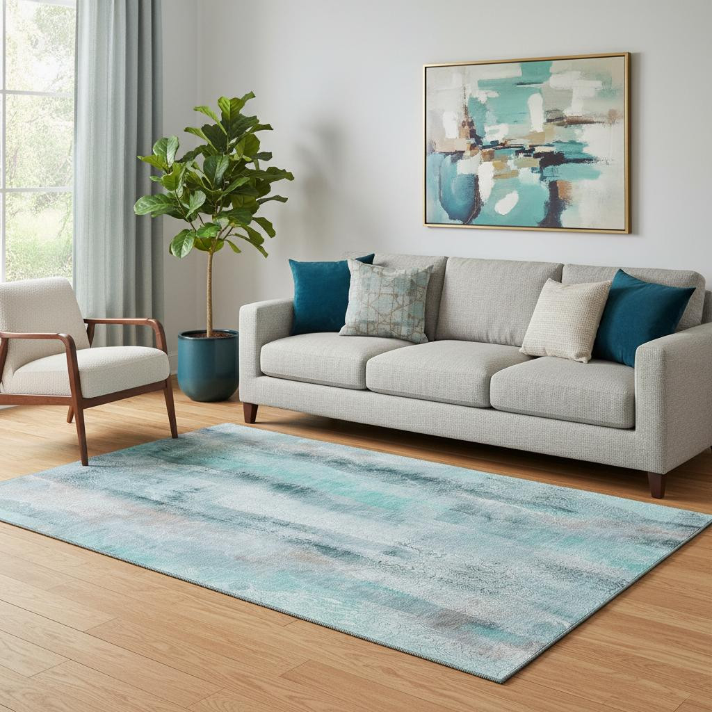648144 5 x 8 ft. Teal & Ivory Abstract Transitional Washable Machine Made Rectangle Area Rug with UV Protection