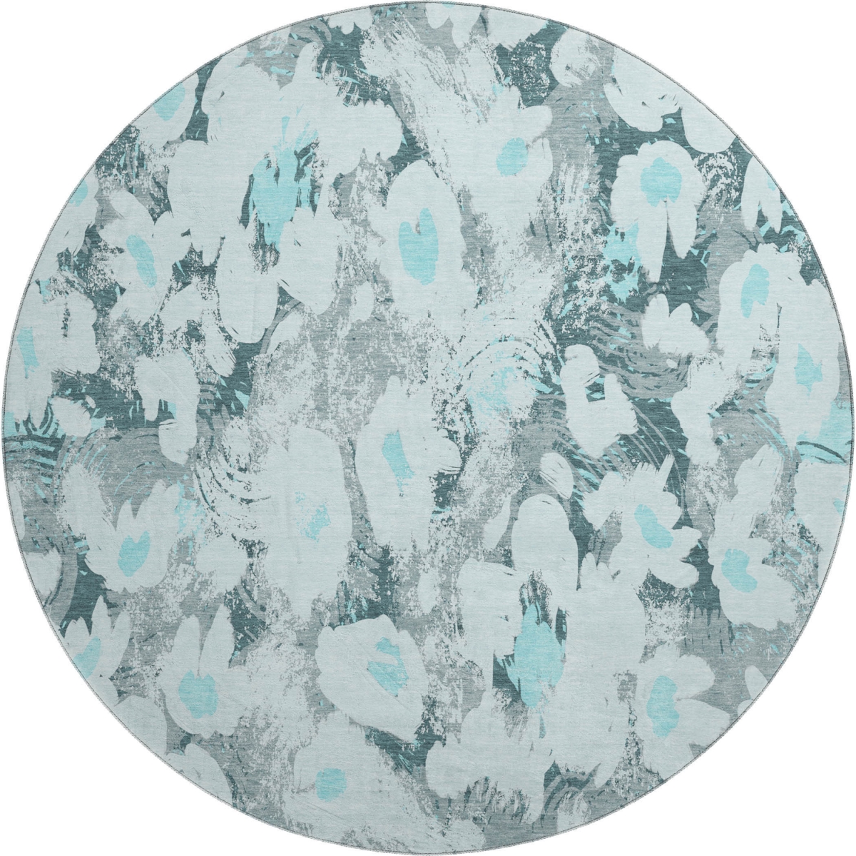 648175 8 ft. Teal, Gray & Ivory Floral Transitional Washable Round Area Rug with UV Protection