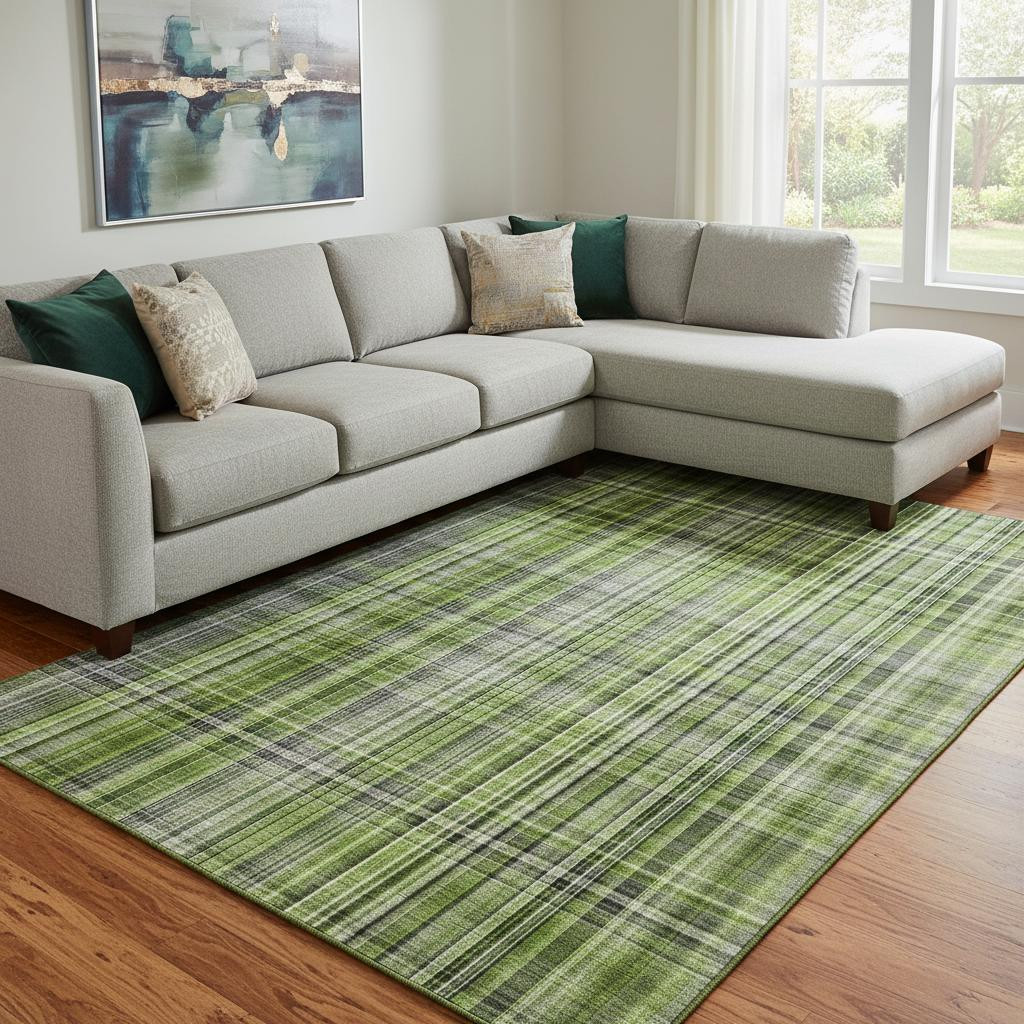 648274 10 x 14 ft. Green, Gray & Ivory Plaid Washable Machine Made Rectangle Area Rug with UV Protection