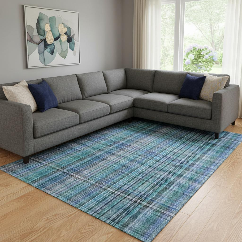 648310 10 x 14 ft. Teal & Gray Plaid Washable Machine Made Rectangle Area Rug with UV Protection