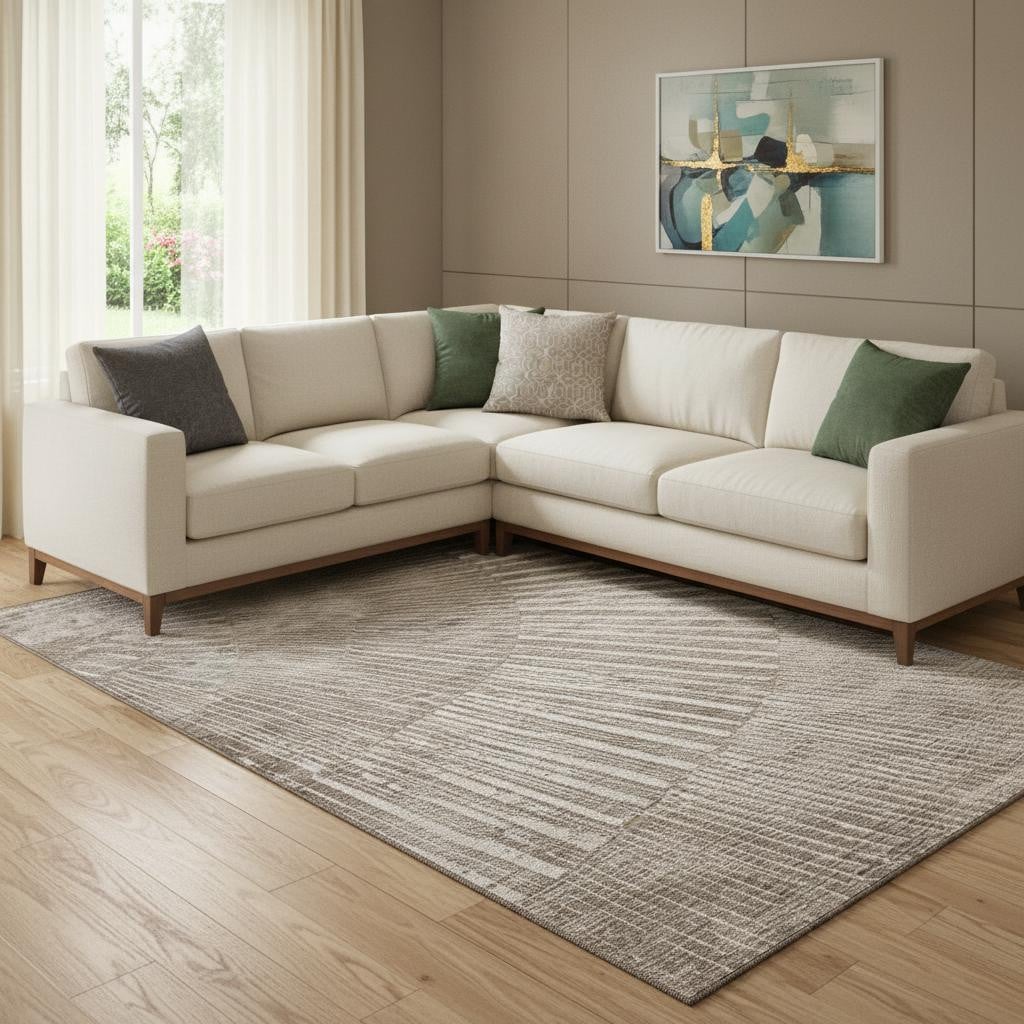 648352 10 x 14 ft. Taupe & Ivory Geometric Transitional Washable Machine Made Rectangle Area Rug with UV Protection