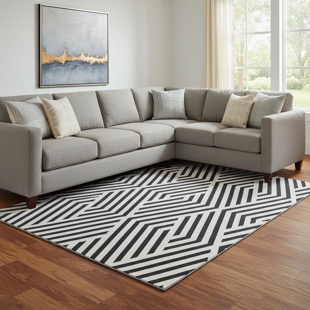 648520 10 x 14 ft. Black & Ivory Geometric Transitional Washable Machine Made Rectangle Area Rug with UV Protection