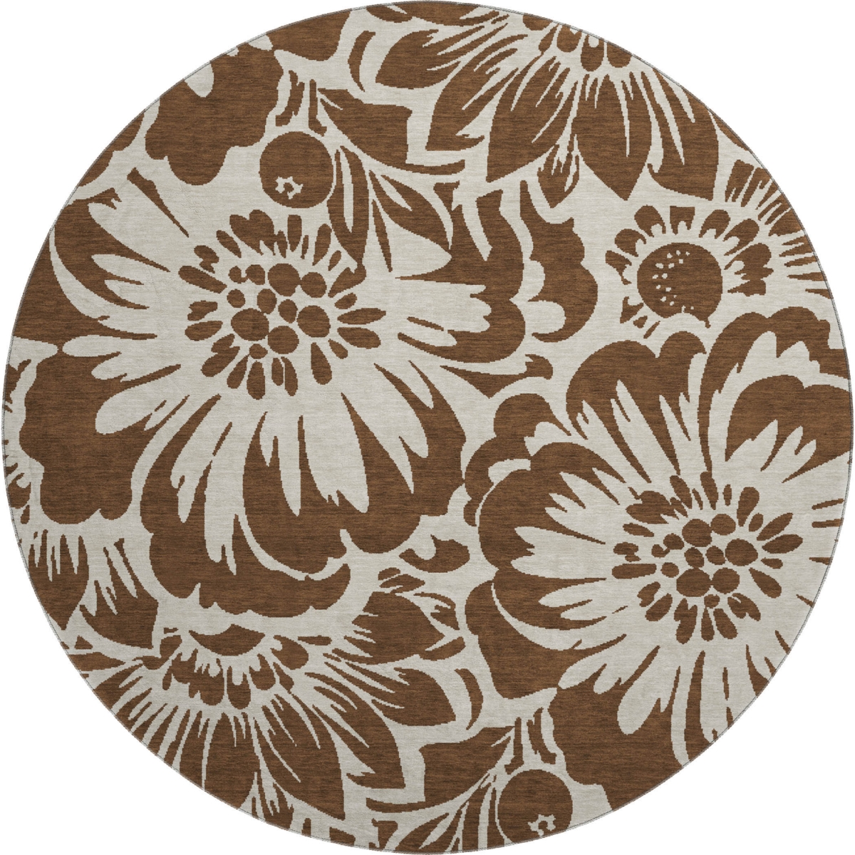 648625 8 ft. Brown & Ivory Floral Transitional Washable Round Area Rug with UV Protection