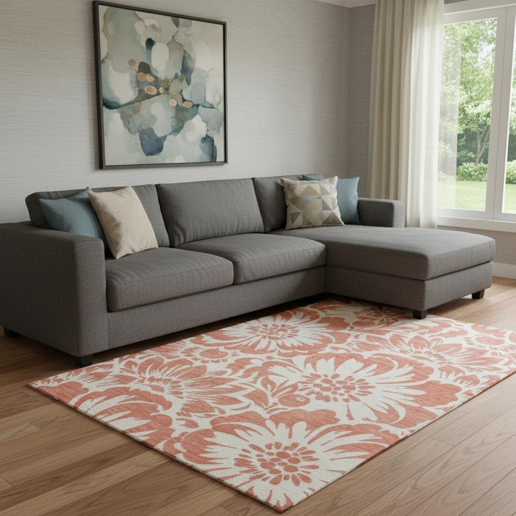 648700 10 x 14 ft. Salmon & Ivory Floral Transitional Washable Machine Made Rectangle Area Rug with UV Protection