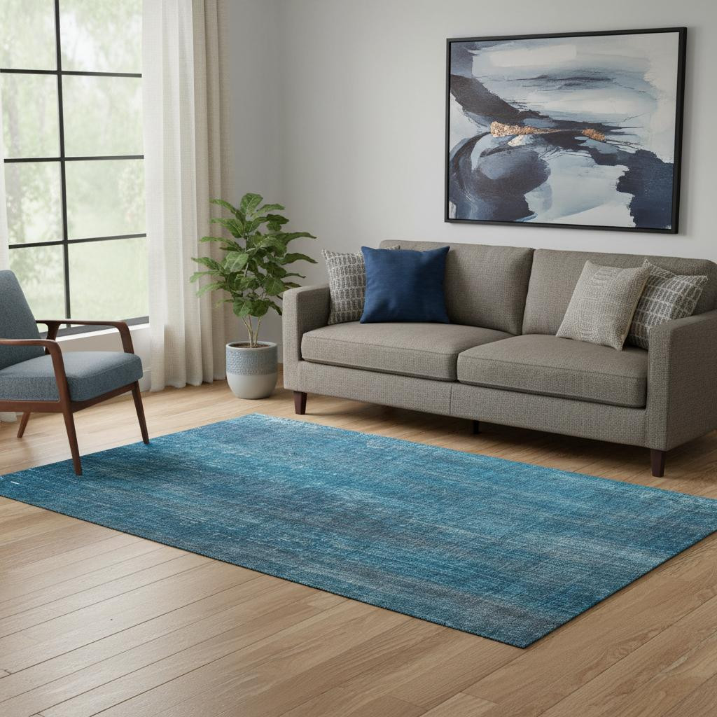648720 5 x 8 ft. Blue & Gray Striped Transitional Washable Machine Made Rectangle Area Rug with UV Protection