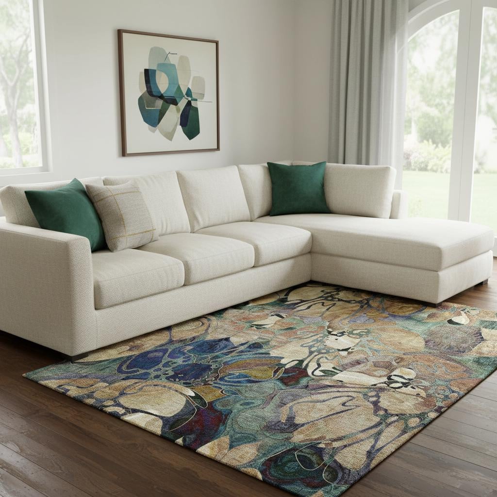 648964 10 x 14 ft. Beige, Blue & Purple Floral Washable Machine Made Rectangle Area Rug with UV Protection