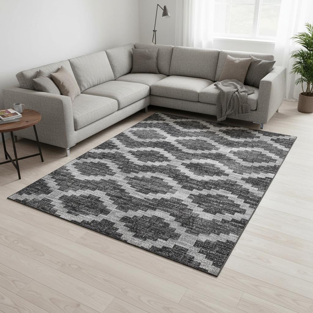 644958 10 x 14 ft. Gray, Ivory & Charcoal Tribal Washable Machine Made Rectangle Area Rug with UV Protection
