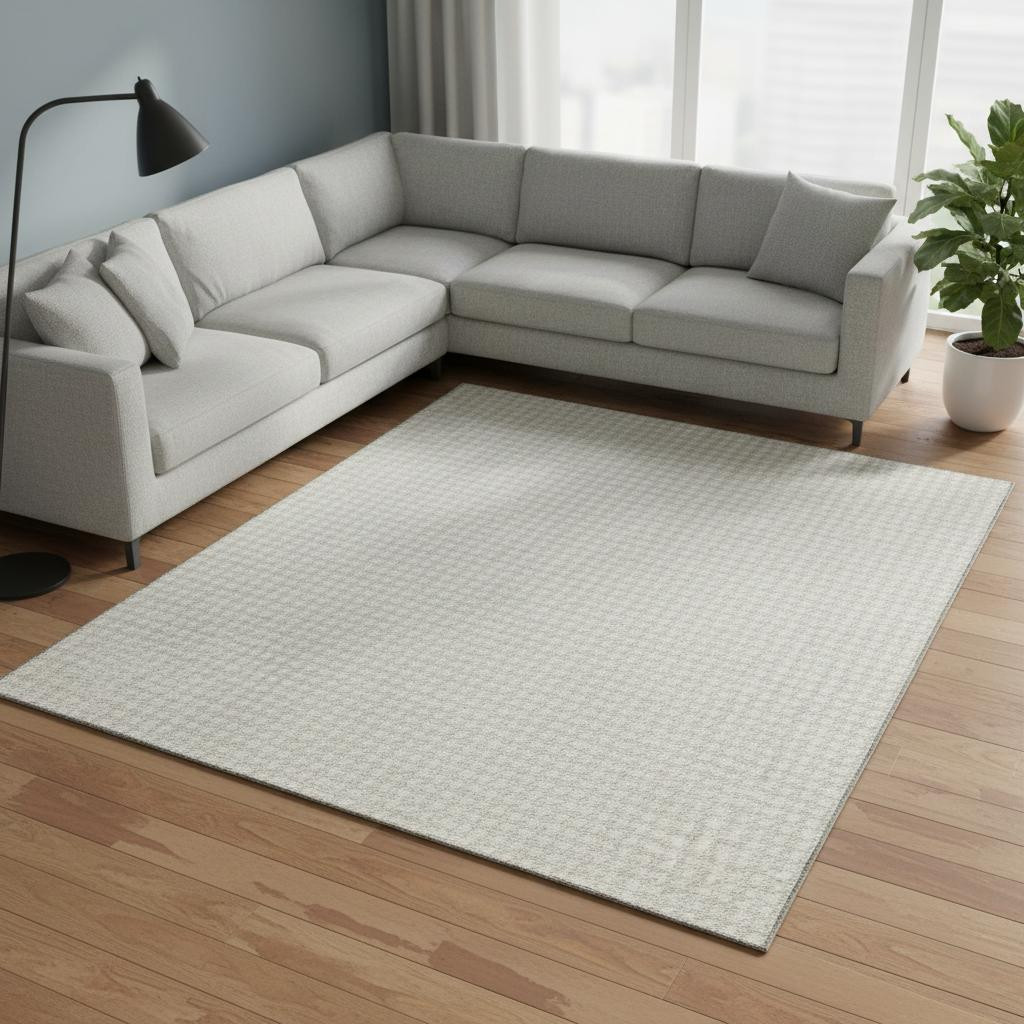645138 9 x 12 ft. Linen & Ivory Houndstooth Washable Machine Made Rectangle Area Rug with UV Protection