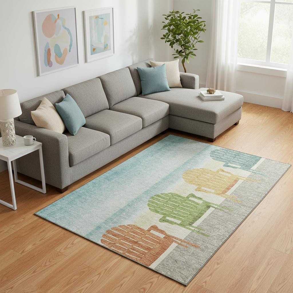 645359 8 x 10 ft. Aqua, Green & Orange Nautical Washable Machine Made Rectangle Area Rug with UV Protection