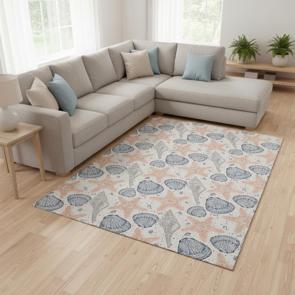 645766 8 x 10 ft. Peach, Ivory & Navy Blue Geometric Washable Machine Made Rectangle Area Rug with UV Protection