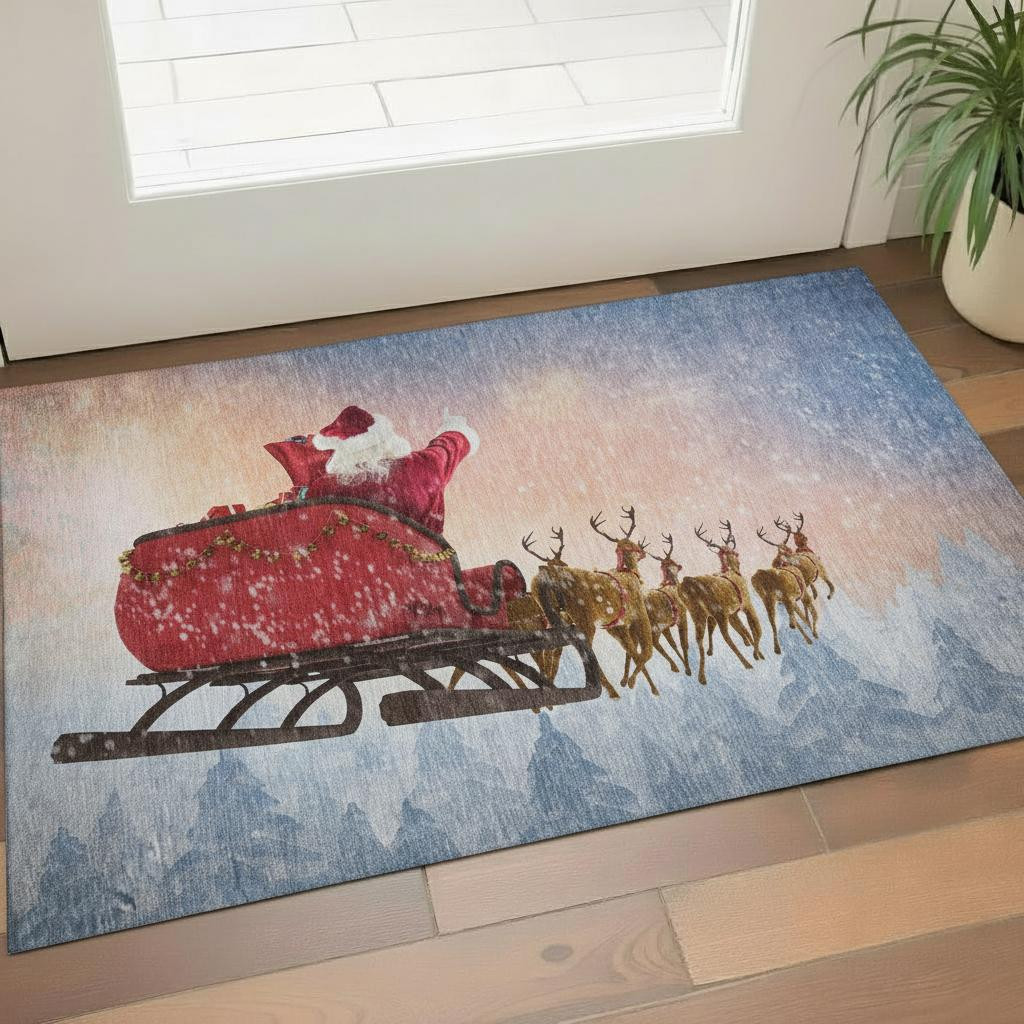 646404 3 x 5 ft. Blue, Red & Brown Geometric Washable Machine Made Rectangle Area Rug with UV Protection