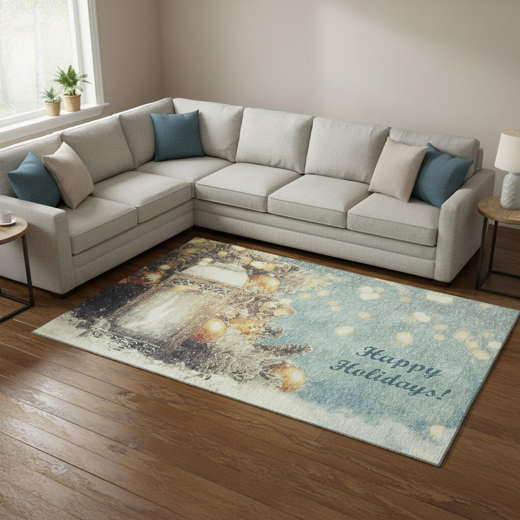 646421 10 x 14 ft. Blue Gold & Ivory Geometric Washable Machine Made Rectangle Area Rug with UV Protection