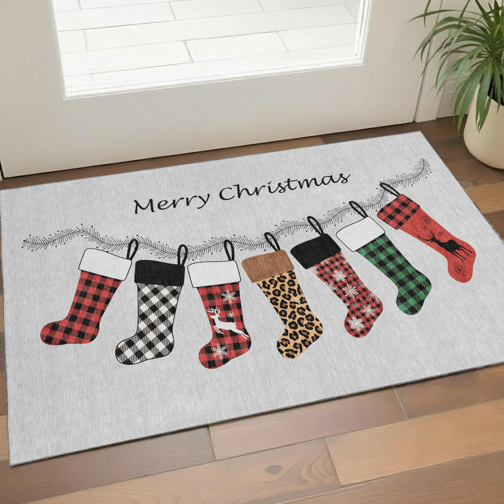 646428 3 x 5 ft. Gray Red & Green Geometric Washable Machine Made Rectangle Area Rug with UV Protection