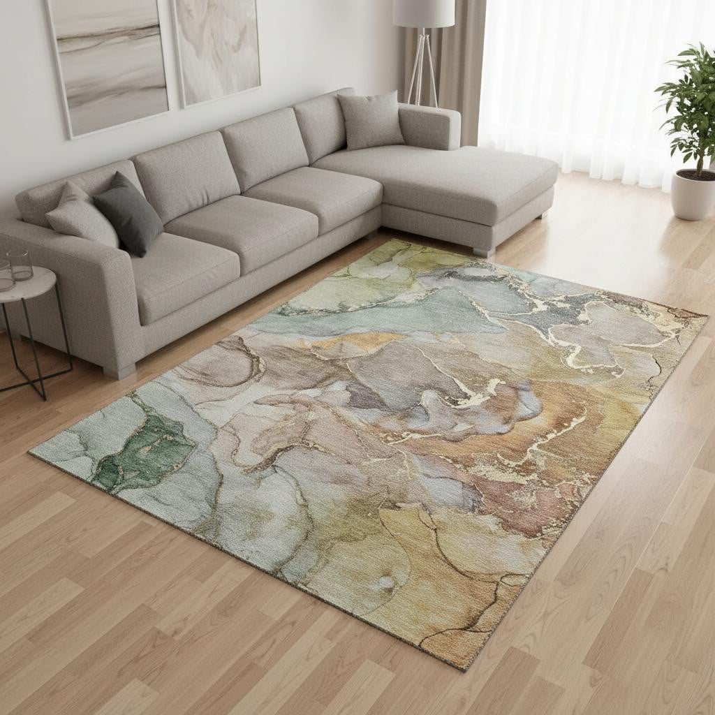 646482 10 x 14 ft. Beige & Taupe Abstract Contemporary Washable Machine Made Rectangle Area Rug with UV Protection