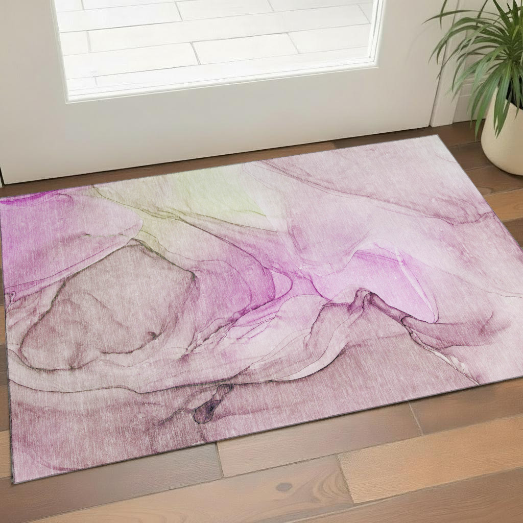 646639 3 x 5 ft. Pink & Ivory Abstract Transitional Washable Machine Made Rectangle Area Rug with UV Protection