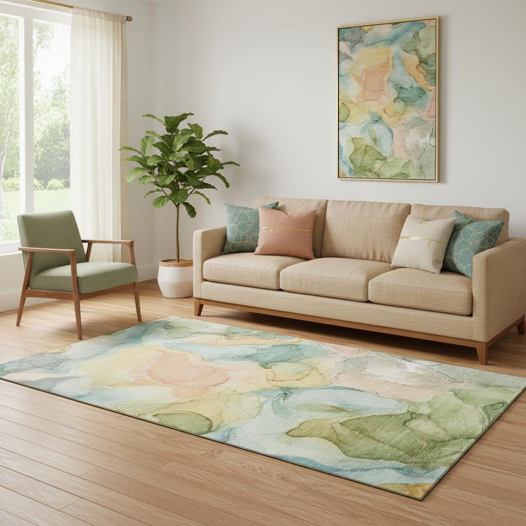 646700 5 x 8 ft. Blue, Green & Orange Abstract Washable Machine Made Rectangle Area Rug with UV Protection