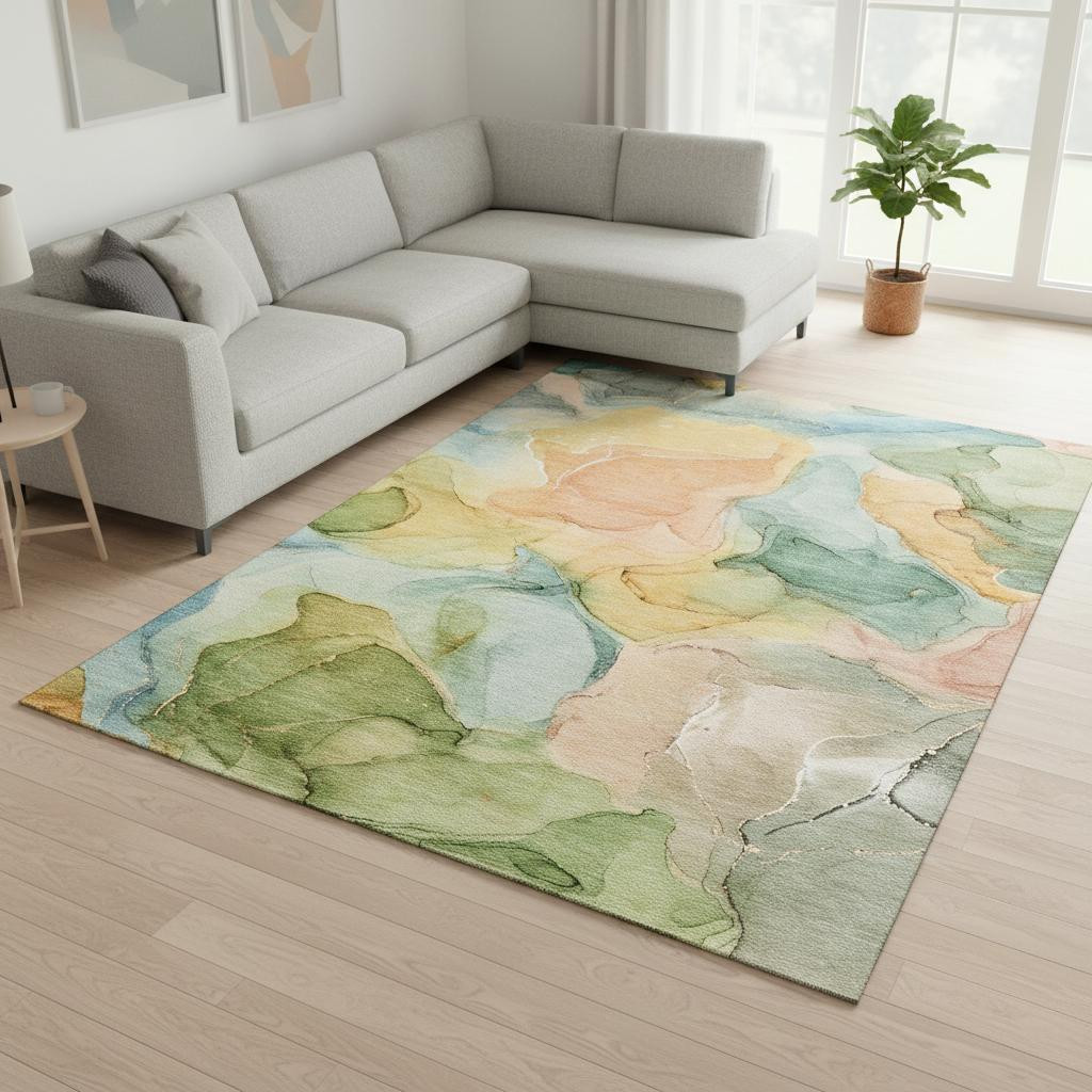 646703 9 x 12 ft. Blue, Green & Orange Abstract Washable Machine Made Rectangle Area Rug with UV Protection