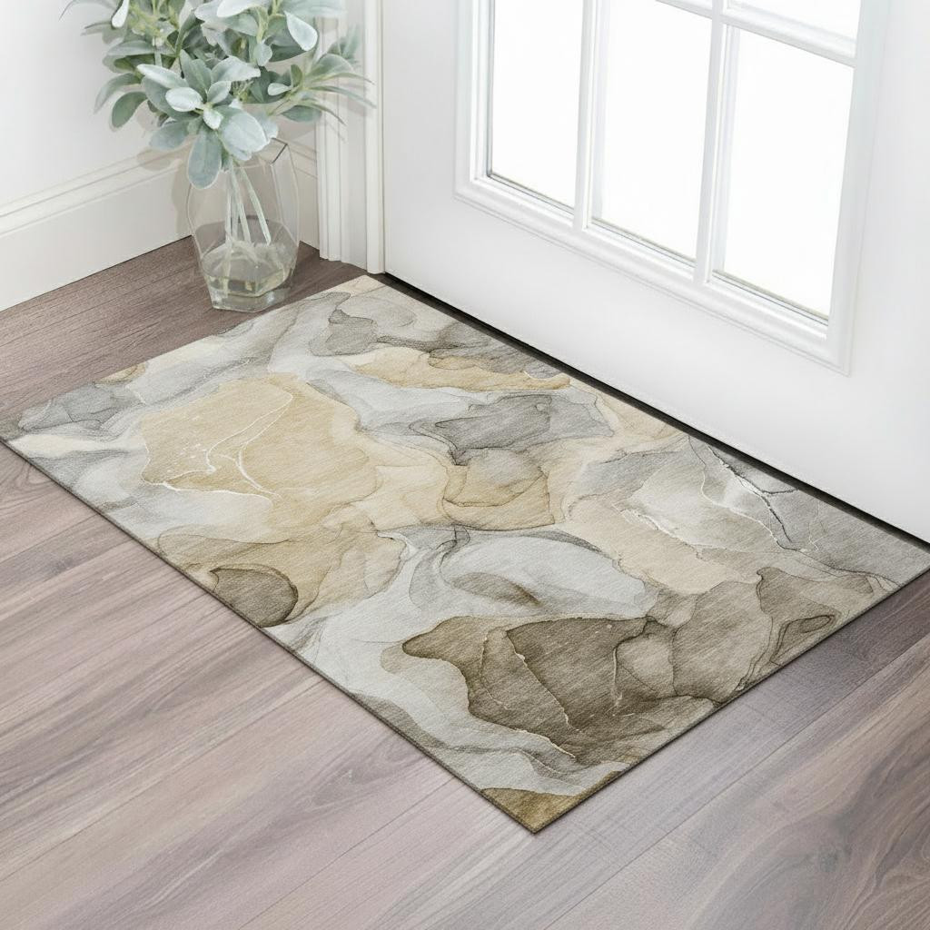646705 3 x 5 ft. Brown, Gray & Ivory Abstract Transitional Washable Machine Made Rectangle Area Rug with UV Protection