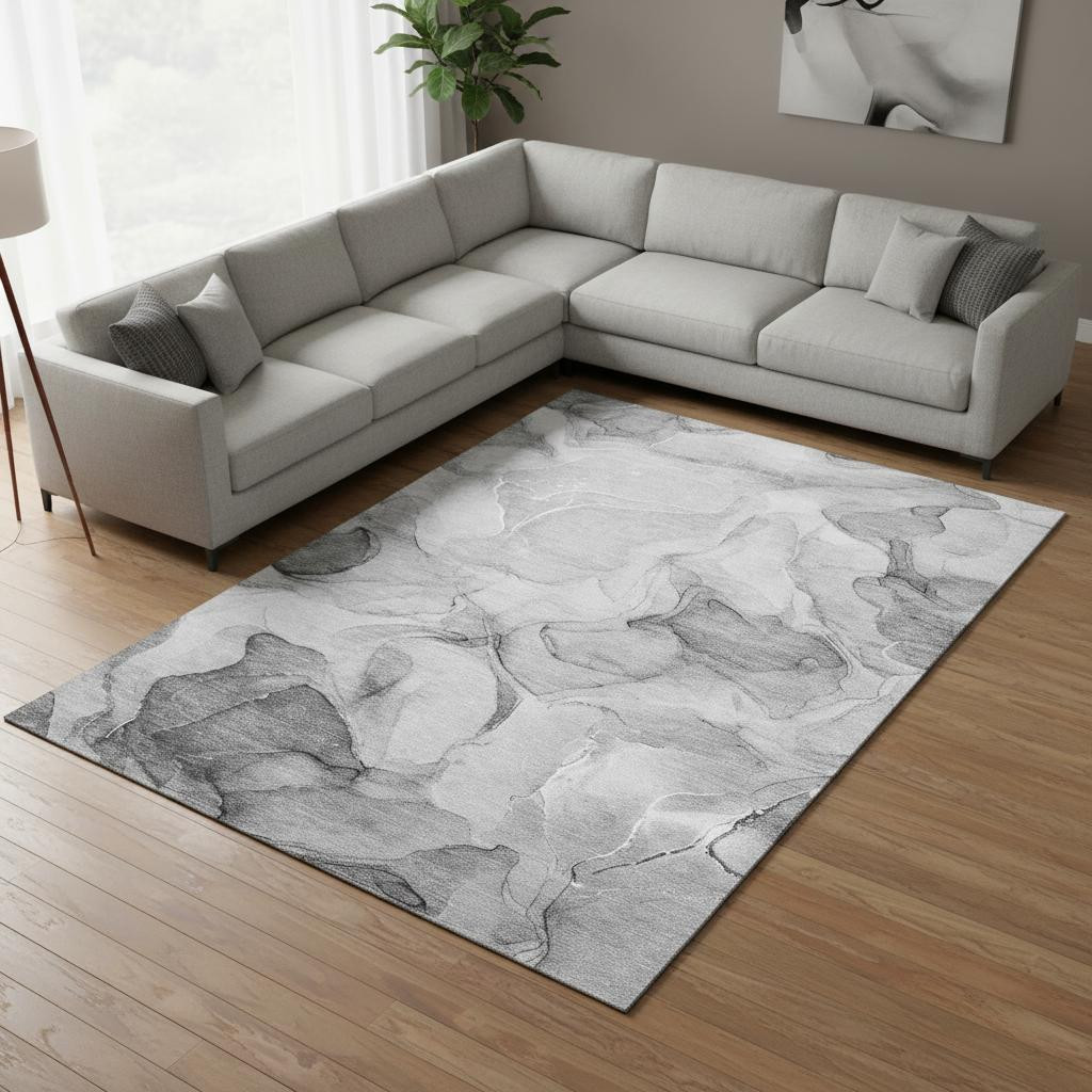 646714 8 x 10 ft. Gray & Ivory Abstract Transitional Washable Machine Made Rectangle Area Rug with UV Protection