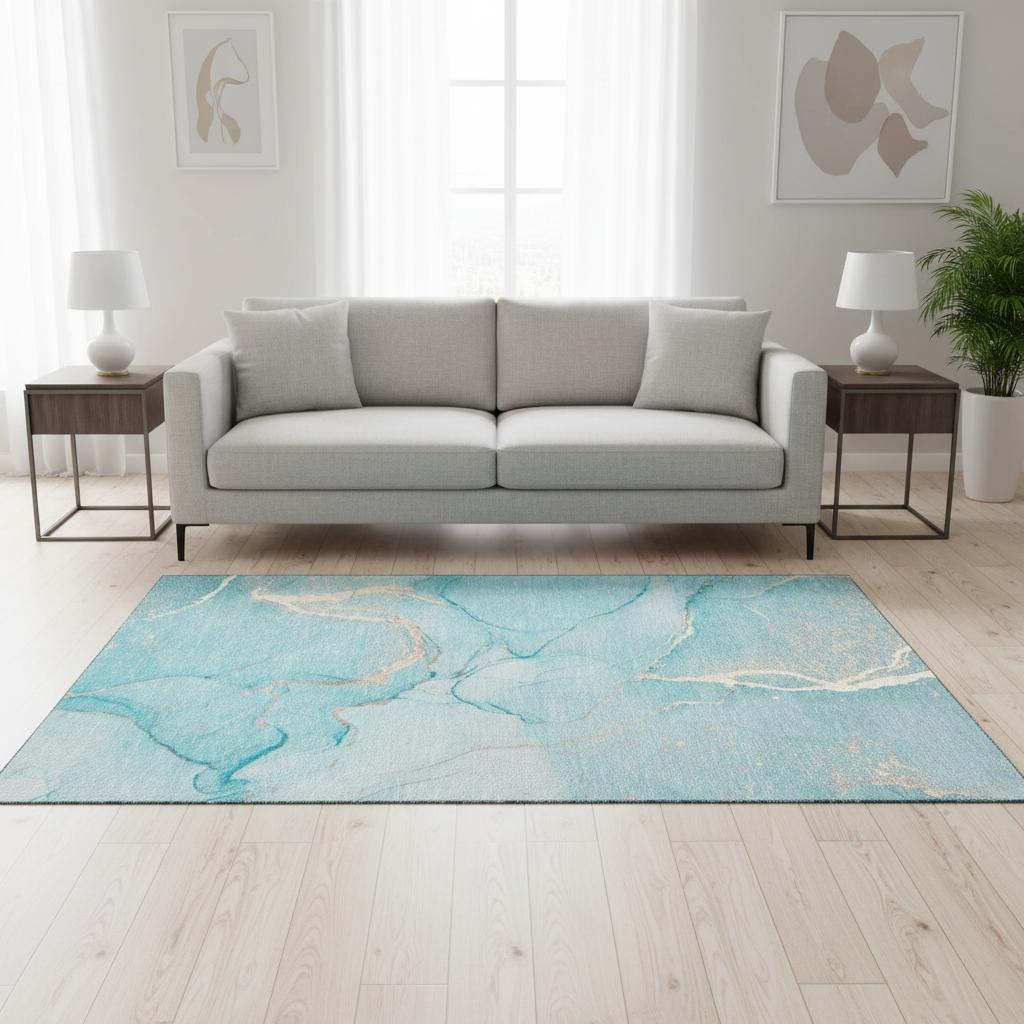 646968 5 x 8 ft. Teal & Ivory Abstract Transitional Washable Machine Made Rectangle Area Rug with UV Protection