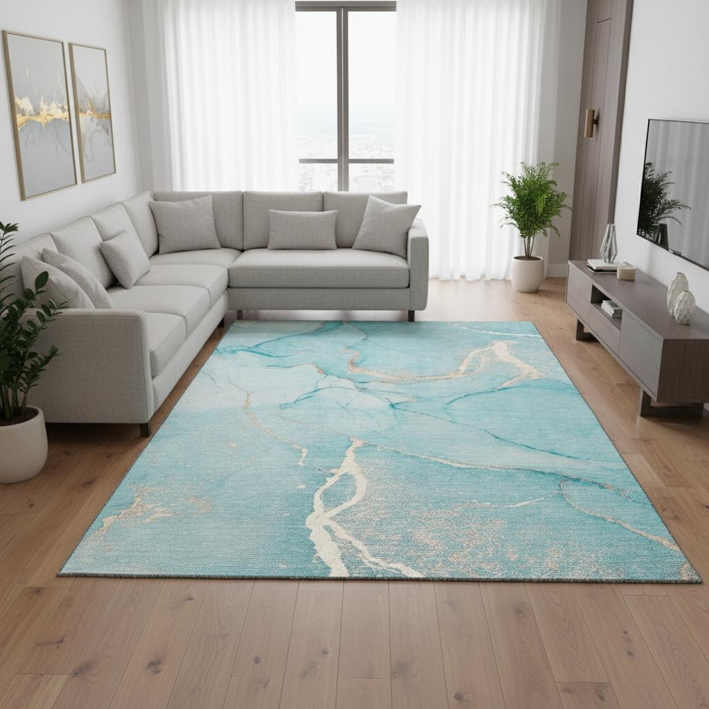 646970 8 x 10 ft. Teal & Ivory Abstract Transitional Washable Machine Made Rectangle Area Rug with UV Protection