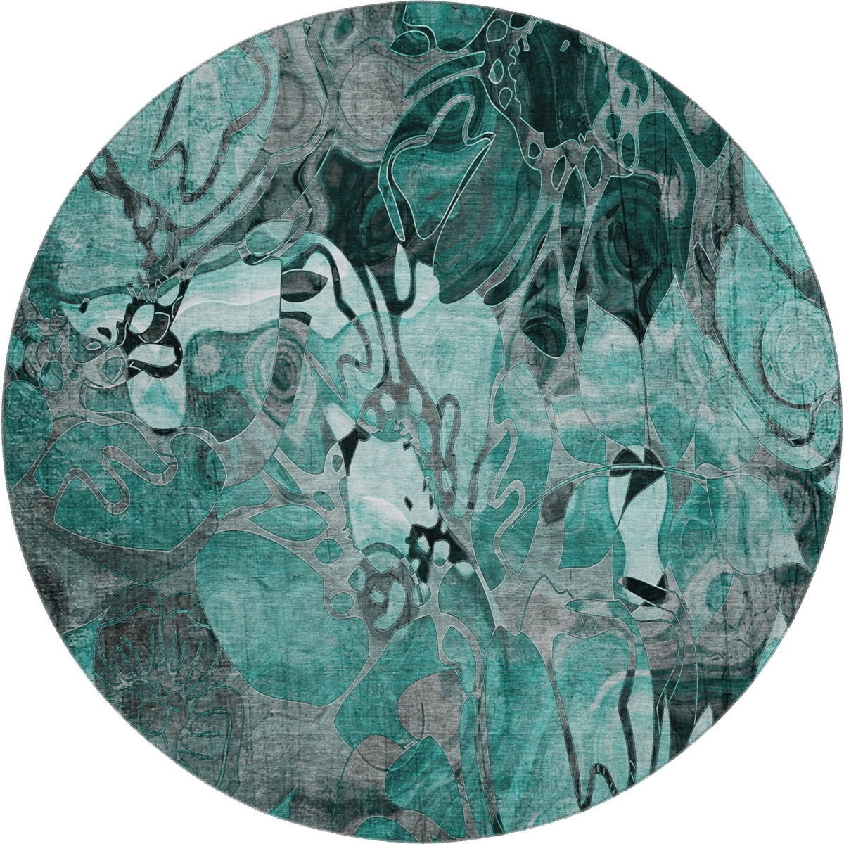 649003 8 ft. Teal & Gray Floral Transitional Washable Round Area Rug with UV Protection