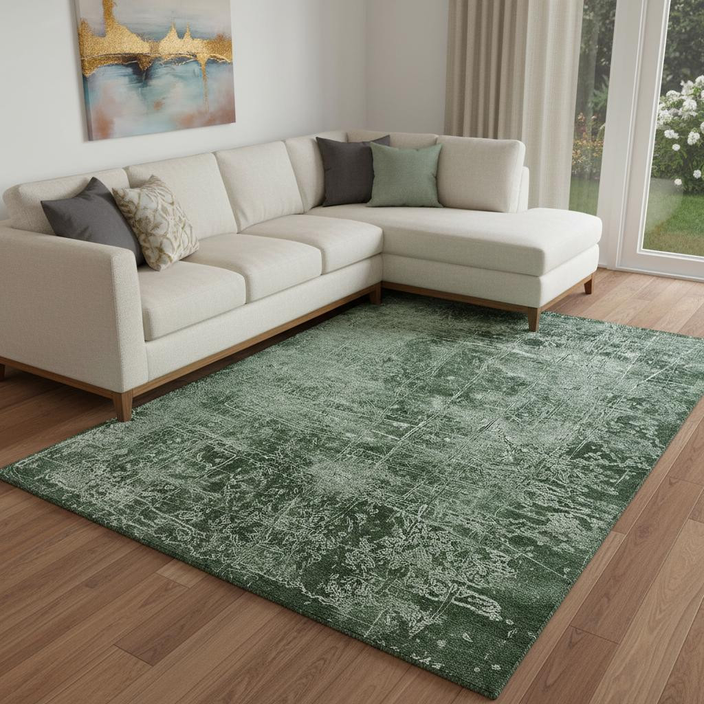 649024 10 x 14 ft. Emerald & Ivory Abstract Transitional Washable Machine Made Rectangle Area Rug with UV Protection