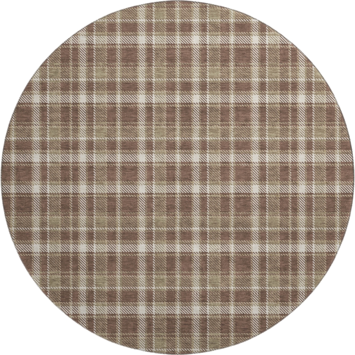 649429 8 ft. Chocolate & Ivory Plaid Washable Round Area Rug with UV Protection