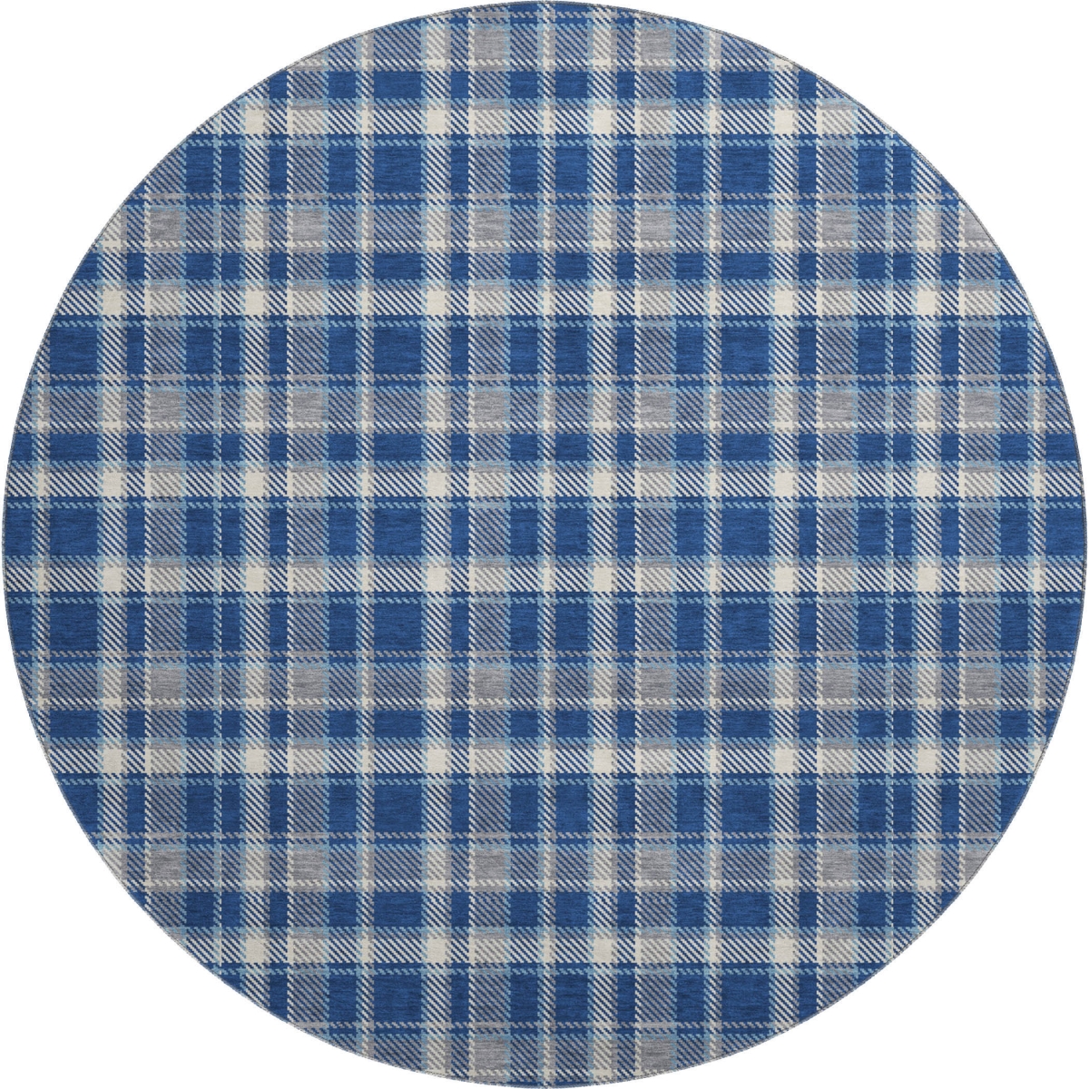 649447 8 ft. Navy Blue & Ivory Plaid Transitional Washable Round Area Rug with UV Protection