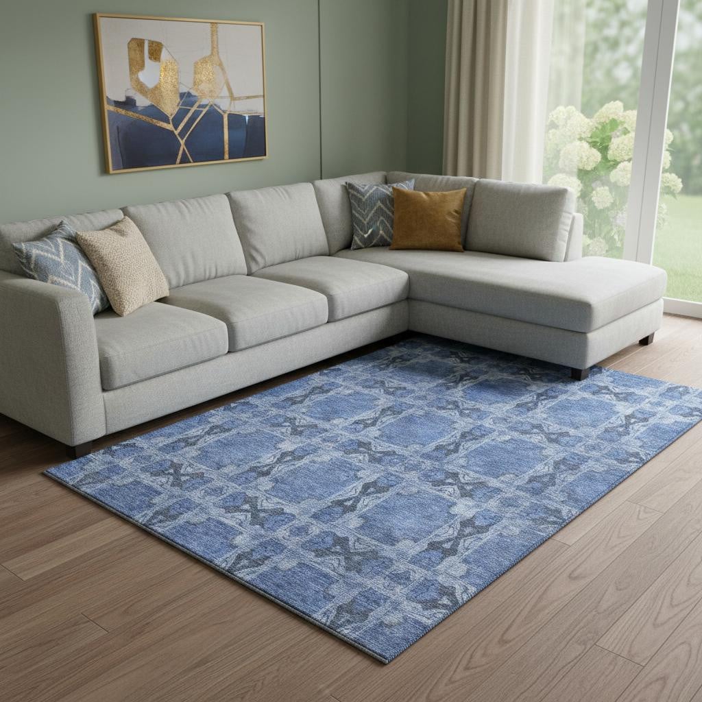 649480 10 x 14 ft. Denim Blue & Ivory Floral Medallion Washable Machine Made Rectangle Area Rug with UV Protection
