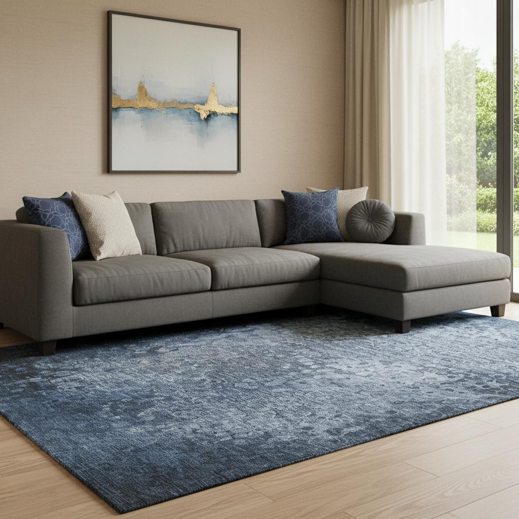 649534 10 x 14 ft. Blue & Ivory Abstract Transitional Washable Machine Made Rectangle Area Rug with UV Protection