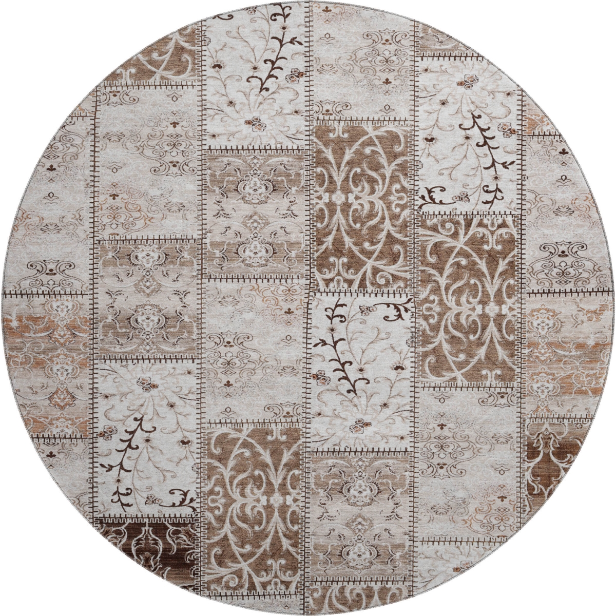 649549 8 ft. Beige & Ivory Patchwork Washable Round Area Rug with UV Protection