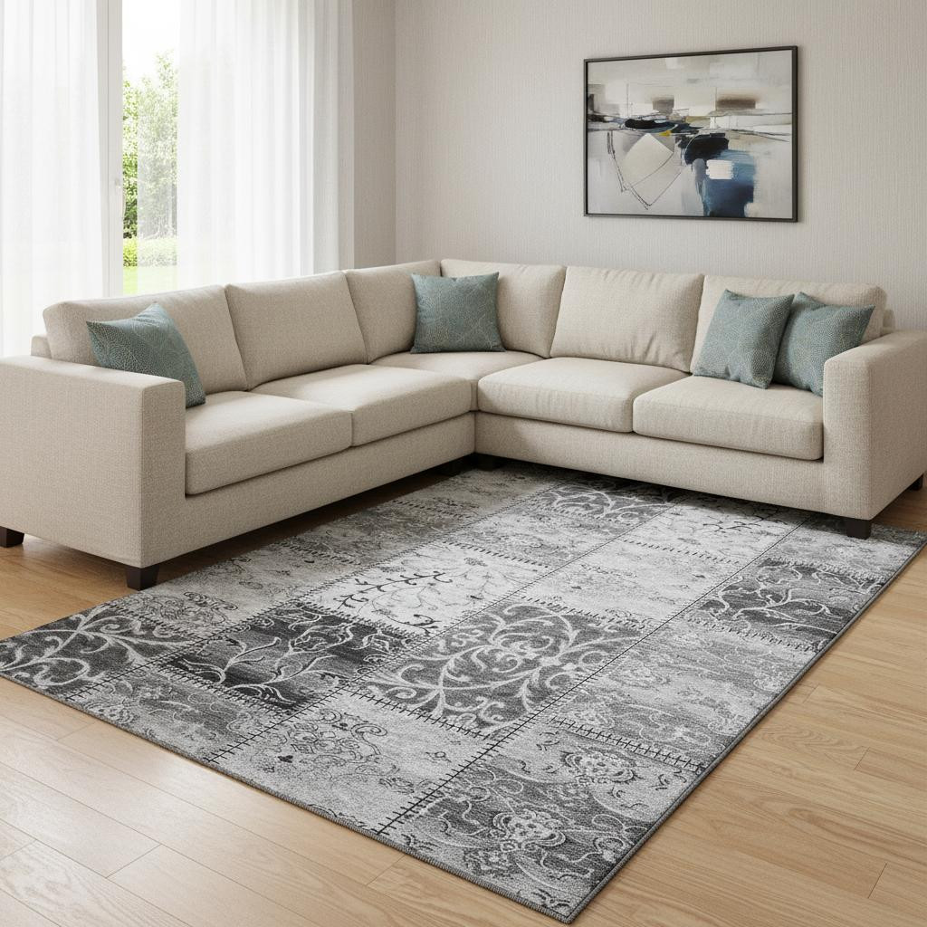 649570 10 x 14 ft. Gray & Ivory Patchwork Washable Machine Made Rectangle Area Rug with UV Protection